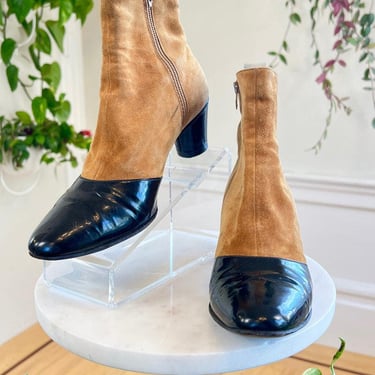 Vintage 1960s Ankle Boots | 60s Two Tone Caramel Brown Suede Black Patent Leather Mod Go Go Shoes | size US 6.5 