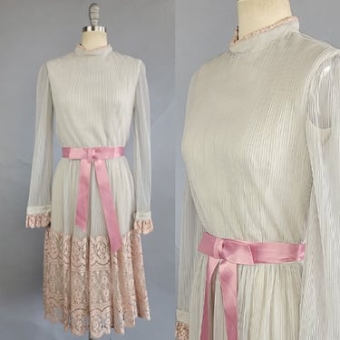 1960s Chiffon Dress / 1960s Pink Lace and Gray Pleated Chiffon Cocktail Dress / Miss Elliette Dress / Size Small 