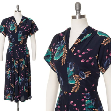 Vintage 1940s Dress | 40s Cold Rayon Floral Print Navy Blue Fit and Flare Full Skirt Day to Evening Cocktail Dress (medium) 