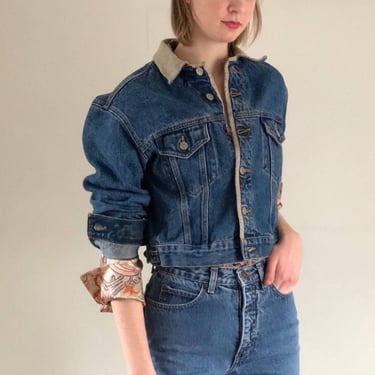 80s Calvin Klein jean jacket / vintage Calvin Klein faded cropped denim jean linen collar jacket | Small 