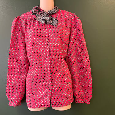 vintage paisley bow blouse 1970s secretary pussy bow button down XL 