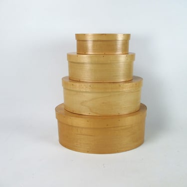 Handcrafted Bentwood Oval Shaker Lidded Boxes Vintage 4 pc Set Cherry Wood Storage Bins Nesting Graduated Small Medium Large Original Signed 