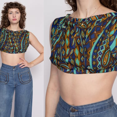 Medium Vintage Psychedelic Cropped Tank Petite | Boho Sleeveless Empire Waist Mini Crop Top 