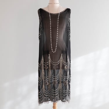 Rare 1920's Black Silk Chiffon Beaded Flapper Dress Mercurial Silver Swags / Medium