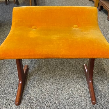Item #DA9 Vintage Teak Framed Vanity Seat with Orange Fabric c.1960