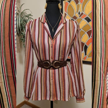 Vintage 1980s Copperfield Multicolor Stripe Flowy Polyester Blouse 