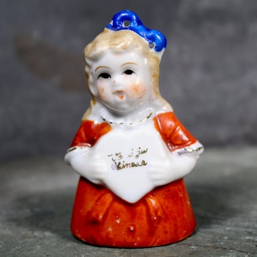 Vintage Valentine Ceramic Bell - Hand Painted Girl Holding Heart - 