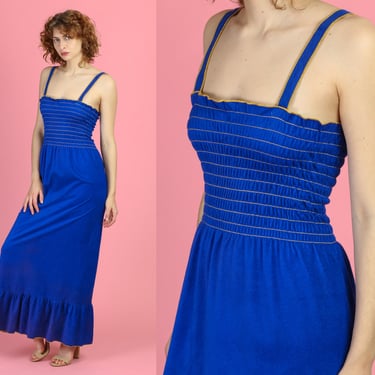 70s Blue Velour Maxi Dress - Small to Medium | Vintage Striped Retro Ruffle Trim Ruched Bodice Sundress 