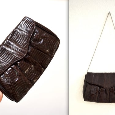 70s 80s Vintage Brown Leather Clutch Snakeskin Python// Brown Patent Leather Snake Skin Bag Purse by Timothys Collection 