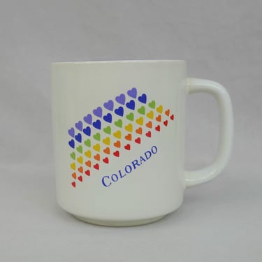80s Colorado Rainbow Hearts Coffee Mug - White Ceramic Cup - Vintage 1980s 