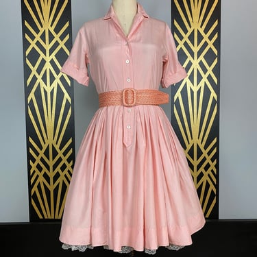 1950s dress, peach silk, 50s shirtwaist, vintage dress, mrs maisel style, full pleated skirt, betty draper, size small, fit and flare, 26 