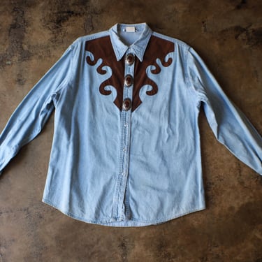 Vintage Denim Shirt / 90's Western Jean Top  / Women's Large 