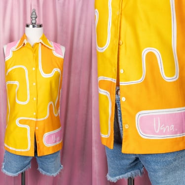 RARE 1960s VERA Pink/Orange/Yellow Abstract Print Brushed Cotton Sleeveless Button Down Shirt 