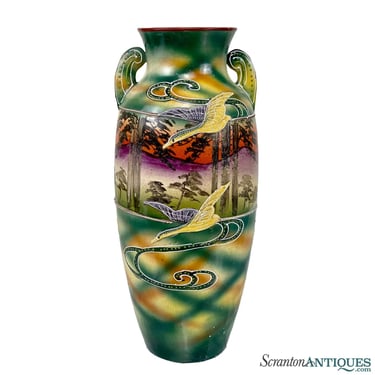 Vintage Japanese Porcelain Crane Bird Motif Handle Vase