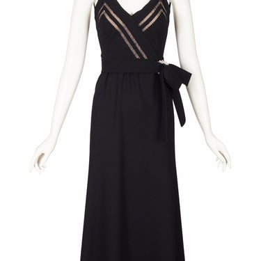 1970s Vintage Couture Eyelet Black Wool Crepe Evening Gown Sz XXS XS 