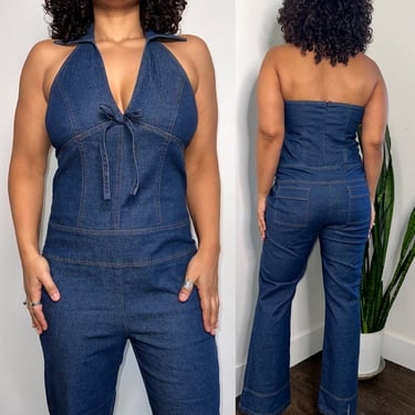 Y2K Does 70s Jumpsuit | Wide Leg Denim Jumpsuit | Halter Top Denim Jumpsuit | Plus Size Extra Large Size 10 