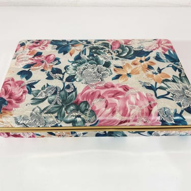 Vintage Floral Jewelry Box Velvet Earring Ring Case Pink Blue Pastel Travel Hard Clamshell Retro Necklace Storage 1980s 80s 