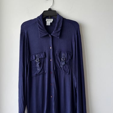 Vintage Coldwater Creek Blouse Button Up Blue Acetate Knit Ribbed Pockets Womens LP 