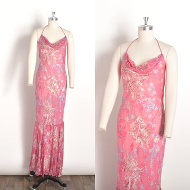 Vintage 2000s Dress / Y2K Diane Freis Beaded Floral Halter Dress / Pink ( M L ) 
