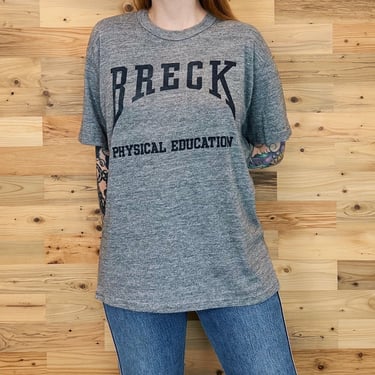 70's Soft Light Vintage Grey Breck Physical Education Tee Shirt T-Shirt 