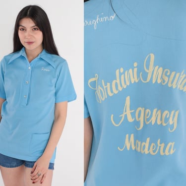 70s Blue Polo Shirt Tordini Insurance Agency Uniform Shirt Rose Name Button Up Short Sleeve Madera California Vintage 1970s Medium 36 