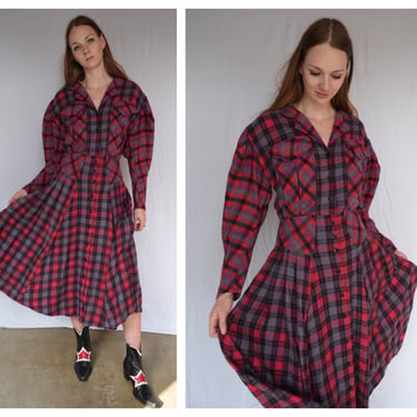 Vintage Cotton Plaid Dress / Vintage Flannel Dress / 80's Cozy Cotton Nipped Waist Dress / Tartan Plaid Red Dress / Winter Dress 