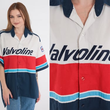 Team Valvoline Shirt Y2K Buick Motorsports Button Up Shirt Color Block Car Racing Short Sleeve Navy Blue Red Racecar Vintage 00s Mens XL 
