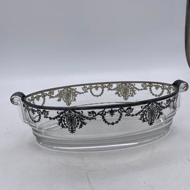 Art Deco High Style Silver Overlay Glass Serving Bowl Scrolling Handles 