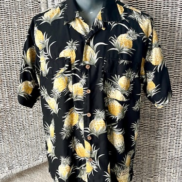 Pineapple Print Tunic Shirt, Tommy Bahama, Unisex, Rayon, Vintage 90s 