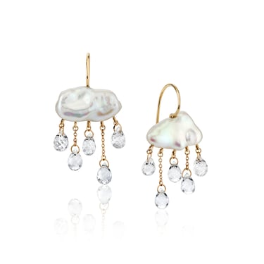 Monsoon Earrings - 14k Gold, White Keshi Pearl + White Topaz