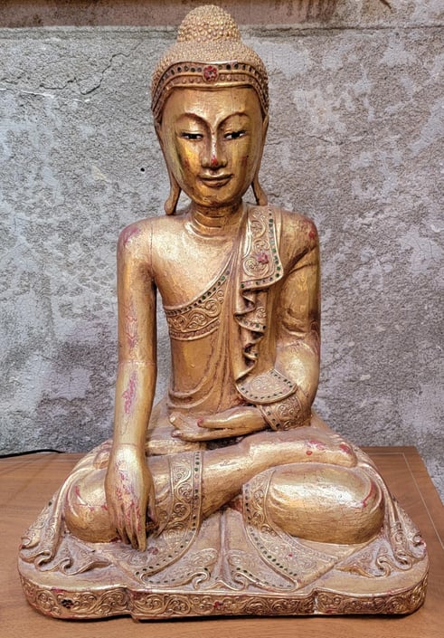 Carved Gilt Seated Wood Buddha With Glass Jewels 