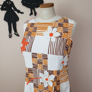 Vintage 1960's Mod Floral Dress / 70s Tropical Tiki Dress L 