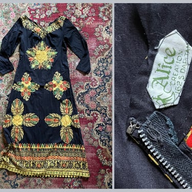 Vintage 1960’s bohemian maxi dress | ‘60s Alice Creation batik print long summer dress, hippie gown, XS/S 