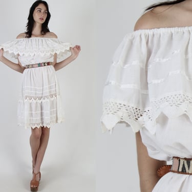 Off The Shoulder White Mexican Dress / Vintage Single Color Dress/ Womens Ethnic Wedding Mexico Sheer Lace Party Midi Dress 