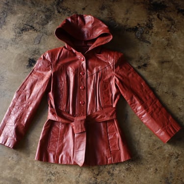 70's Hooded Leather Jacket / Brown Leather Belted Coat / Women's Small 