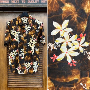 Vintage 1950’s “Kamehameha” Label Cotton Floral Tiki Rockabilly Hawaiian Shirt, 50’s Loop Collar Shirt, Vintage Clothing 