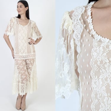 20s Style Deco Lace Flapper Dress Vintage 80s See Through Material Sheer Polka Dot Print Drop Waist Gown 