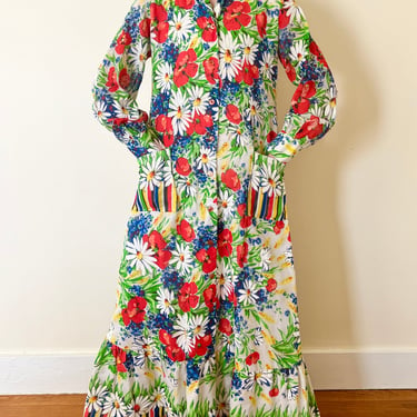 70’s Cotton Viole Floral Primary Color Button Down Maxi Spring Dress