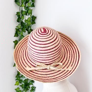 Vintage Straw Hat Wide Brim with Red Stripes / Cute Cottagecore Gardening Hat / Nautical Raffia Beach Hat with Bow Kathy Jeanne Millinery 