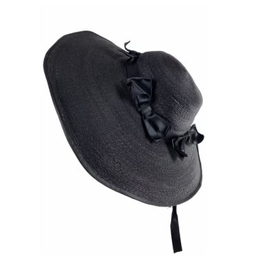 Rose Descat 1930s Vintage Black Silk Bow & Straw Wide-Brim Hat 