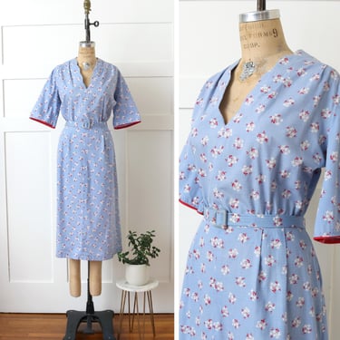 volup vintage 1940s blue floral dress • tiny red & white floral cotton belted day dress 