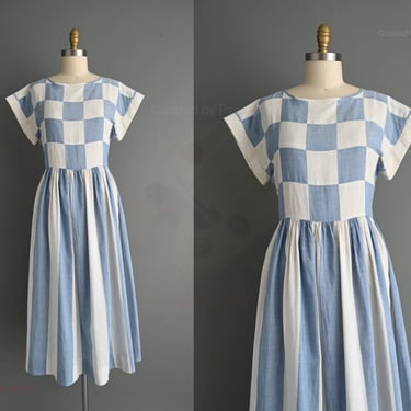 vintage 1980s dress | Checkered Stripe Print Cotton Linen Summer Dress | Medium Large 