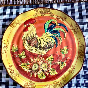 8 Maxcera Rooster Plates 11 1/4” Diameter Hand Painted  Large Orange Roosters  Series with Sunflowers,French Country Decor Dinner Plate Set~ 