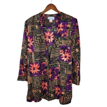 Vintage 90s Blazer Jacket Size 14 XL Tropical Floral Geometric Oversize Green 