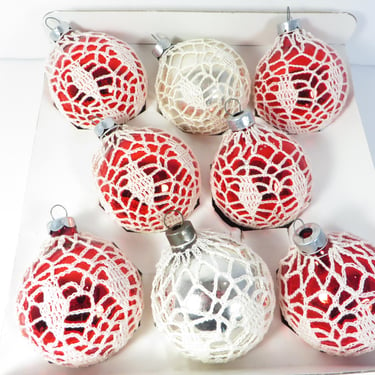 Vintage Crocheted Christmas Ball Ornaments - 8 Crocheted Glass Ornaments 