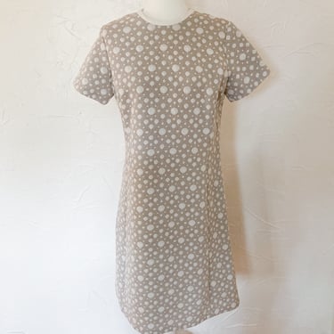 60s Mod Beige and White Circle Bubble Pattern Textured Shift Dress | Medium/Large 