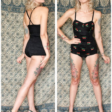 Rare 1950s Swimsuit // Strawberry Embroidered Black One Piece Swimsuit // vintage 50s bathing suit 