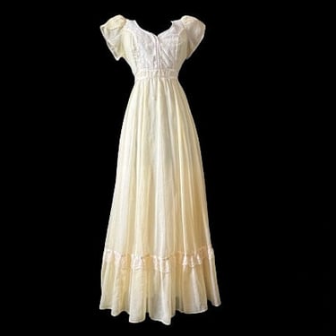 Gunne Sax prairie dress yellow romantic lace gown boho maxi 1970s festival victorian revival medium 