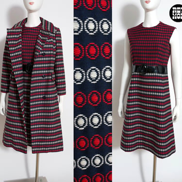 AMAZING Vintage 60s Two-Piece Mod Dress & Jacket Set in Black Red White Woven Dots 