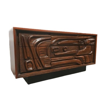 Vintage Carved Walnut Witco Style Oceanic Lowboy Dresser by Pulaski Furniture 